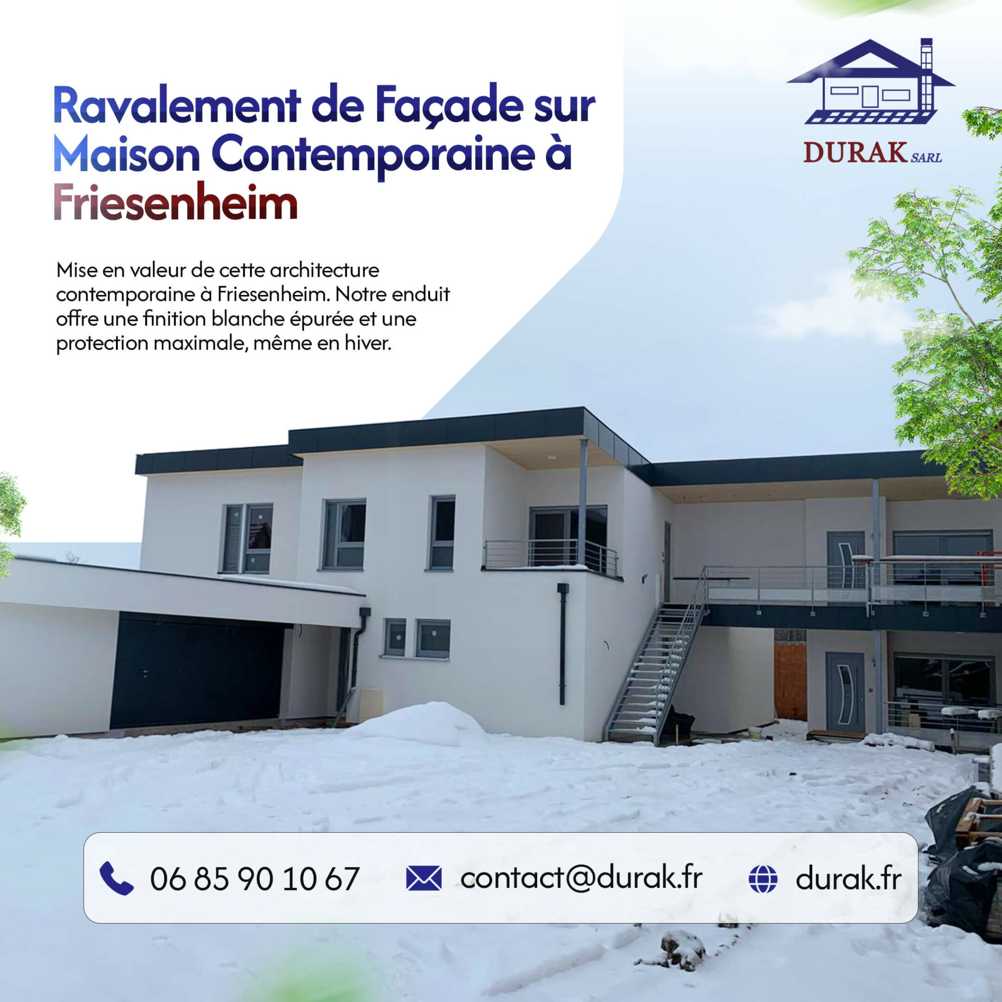 Ravalement de façade d'une maison contemporaine à Friesenheim, réalisé par DURAK SARL, artisan façadier basé à Erstein (près de Strasbourg).