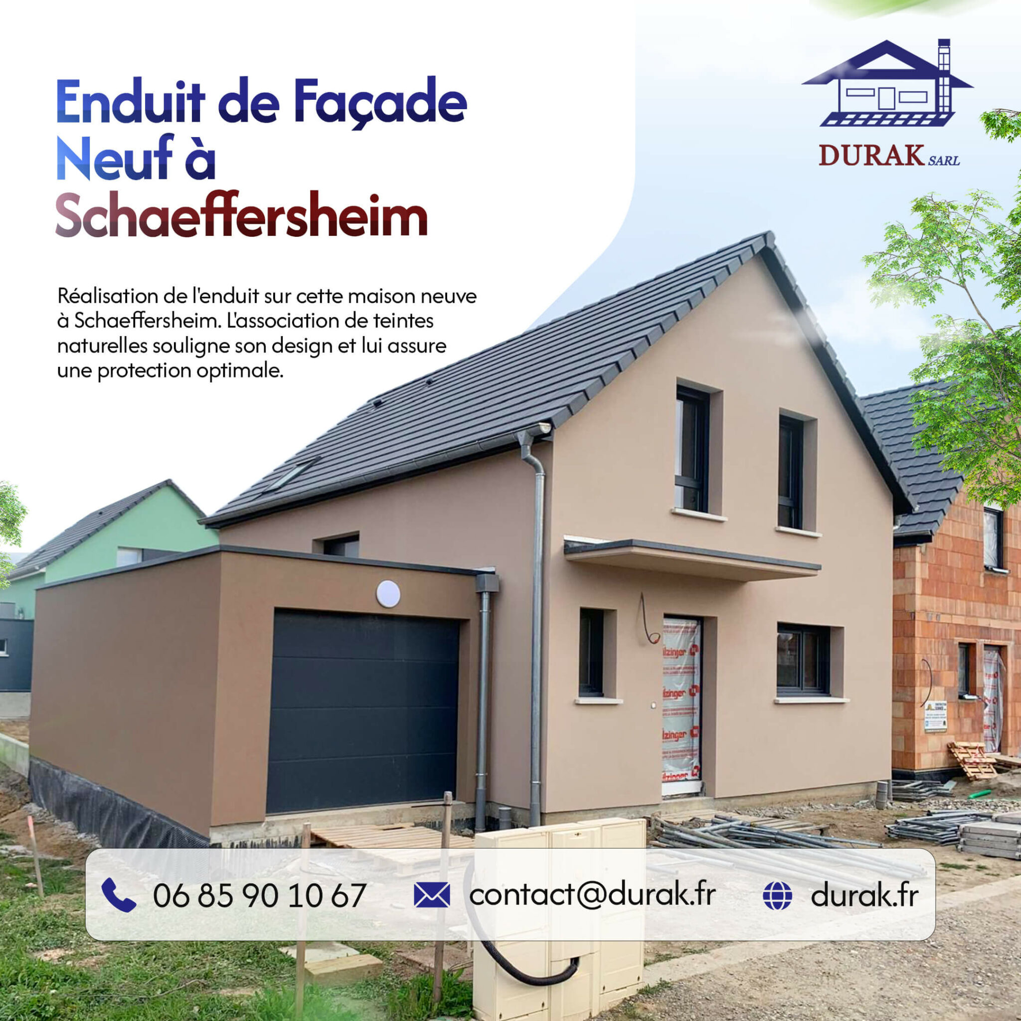 Enduit de façade bicolore sur maison neuve à Schaeffersheim, réalisé par DURAK SARL, artisan façadier basé à Erstein et expert des chantiers sur Strasbourg.