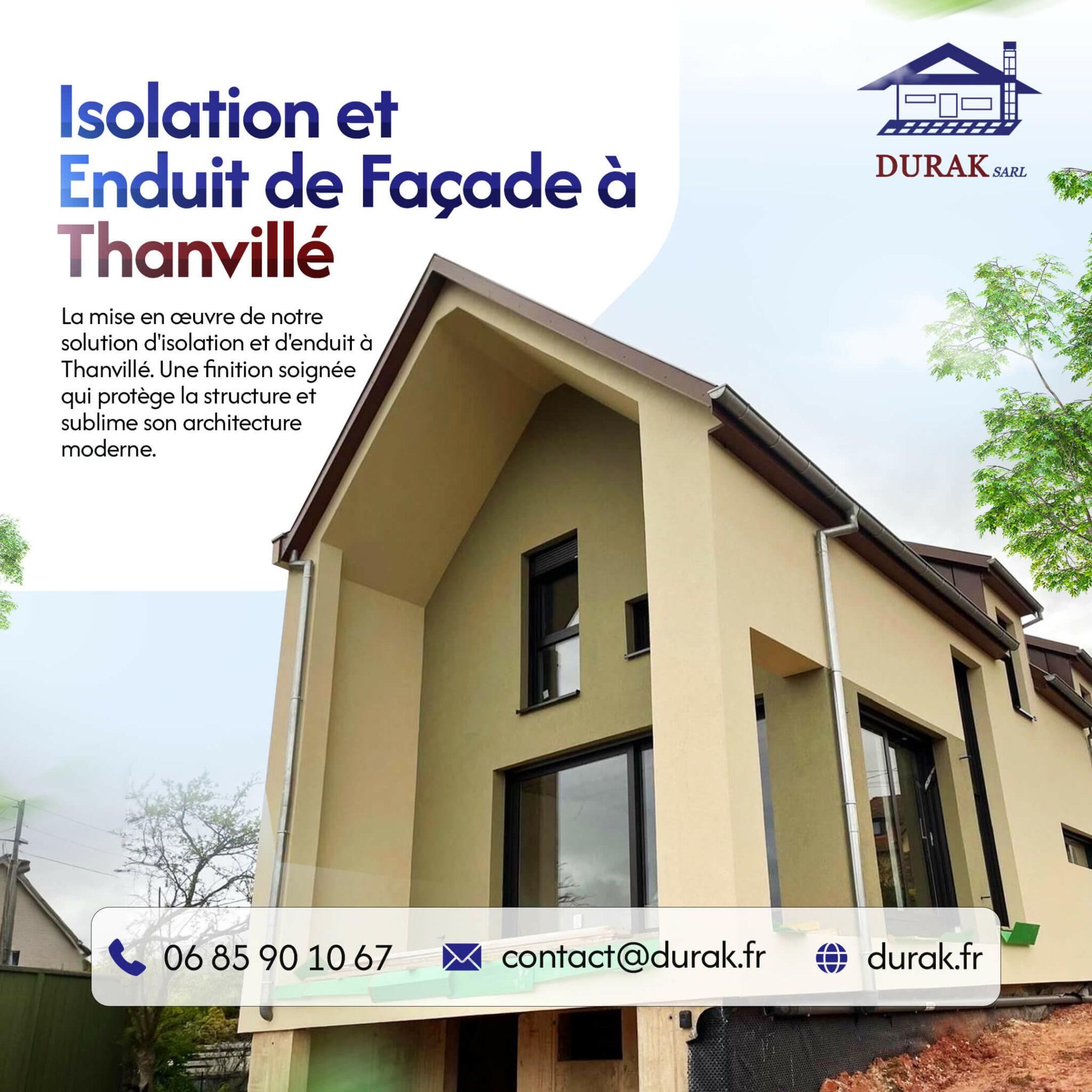 Isolation thermique par l'extérieur (ITE) et enduit de façade sur maison neuve à Thanvillé par DURAK SARL, spécialiste de la rénovation énergétique basé à Erstein.