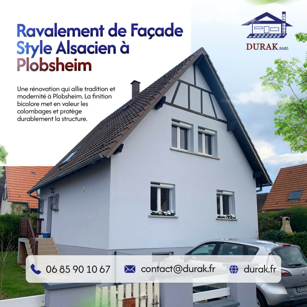 Ravalement de façade d'une maison de style alsacien à Plobsheim, mise en valeur des colombages par DURAK SARL, artisan façadier basé à Erstein, intervenant à Strasbourg.