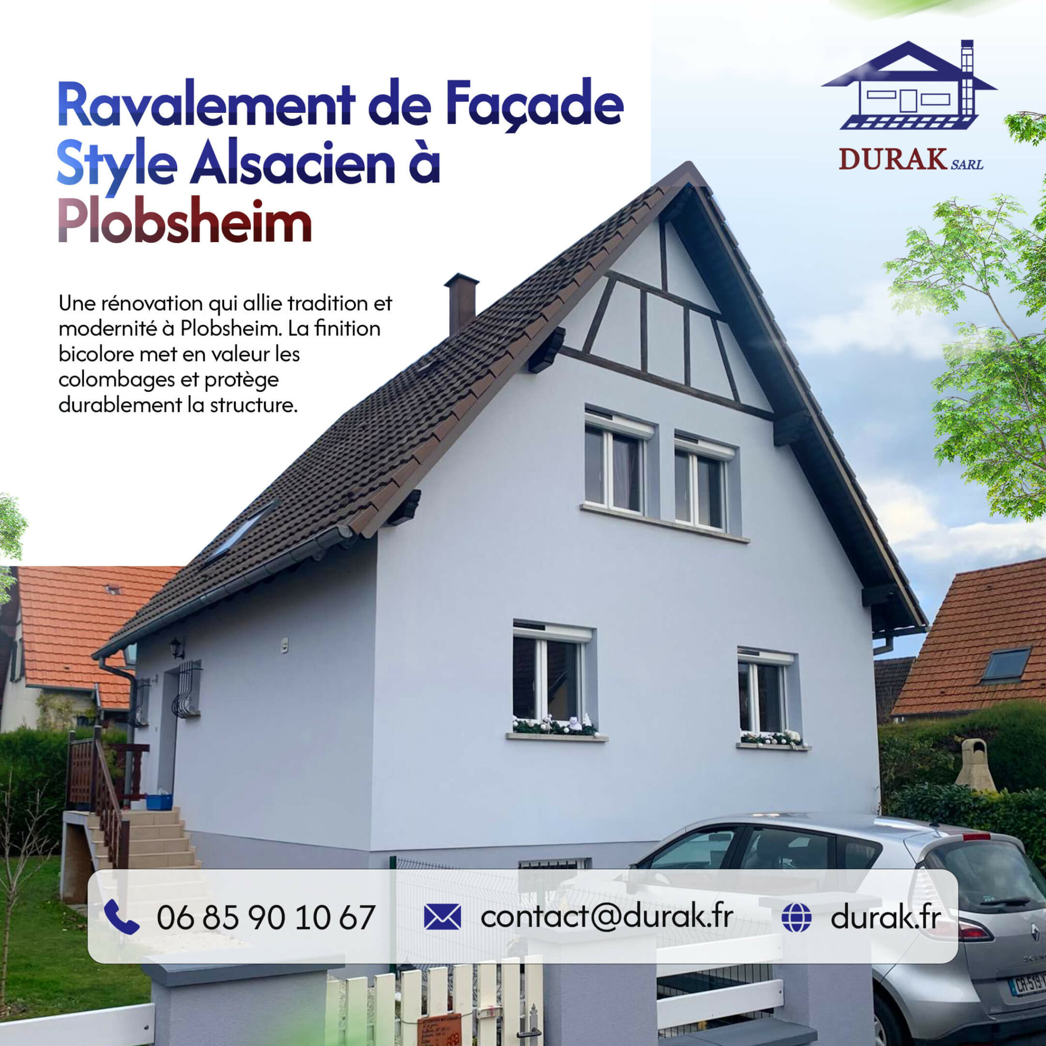 Ravalement de façade d'une maison de style alsacien à Plobsheim, mise en valeur des colombages par DURAK SARL, artisan façadier basé à Erstein, intervenant à Strasbourg.