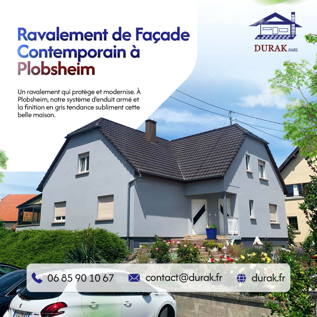 Ravalement de façade d'une maison contemporaine à Plobsheim avec finition en gris tendance, réalisé par DURAK SARL, artisan façadier basé à Erstein, intervenant à Strasbourg.