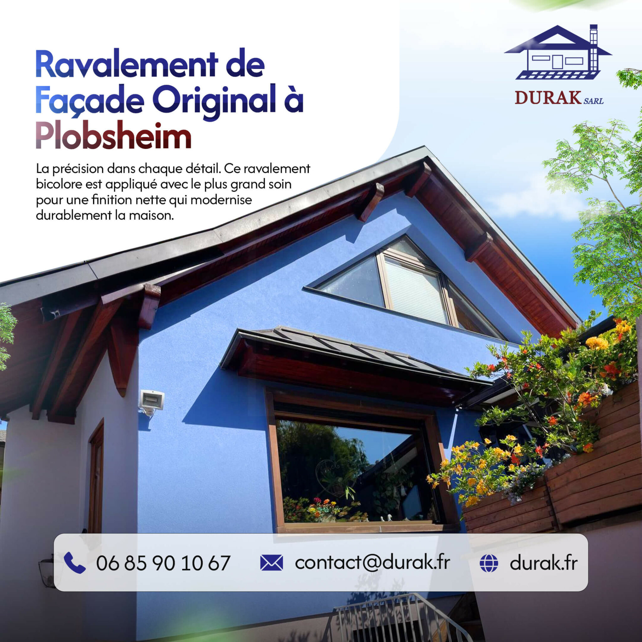 Ravalement de façade de précision à Plobsheim : finition nette et soignée de la peinture bicolore par DURAK SARL, artisan façadier basé à Erstein (Secteur Strasbourg).