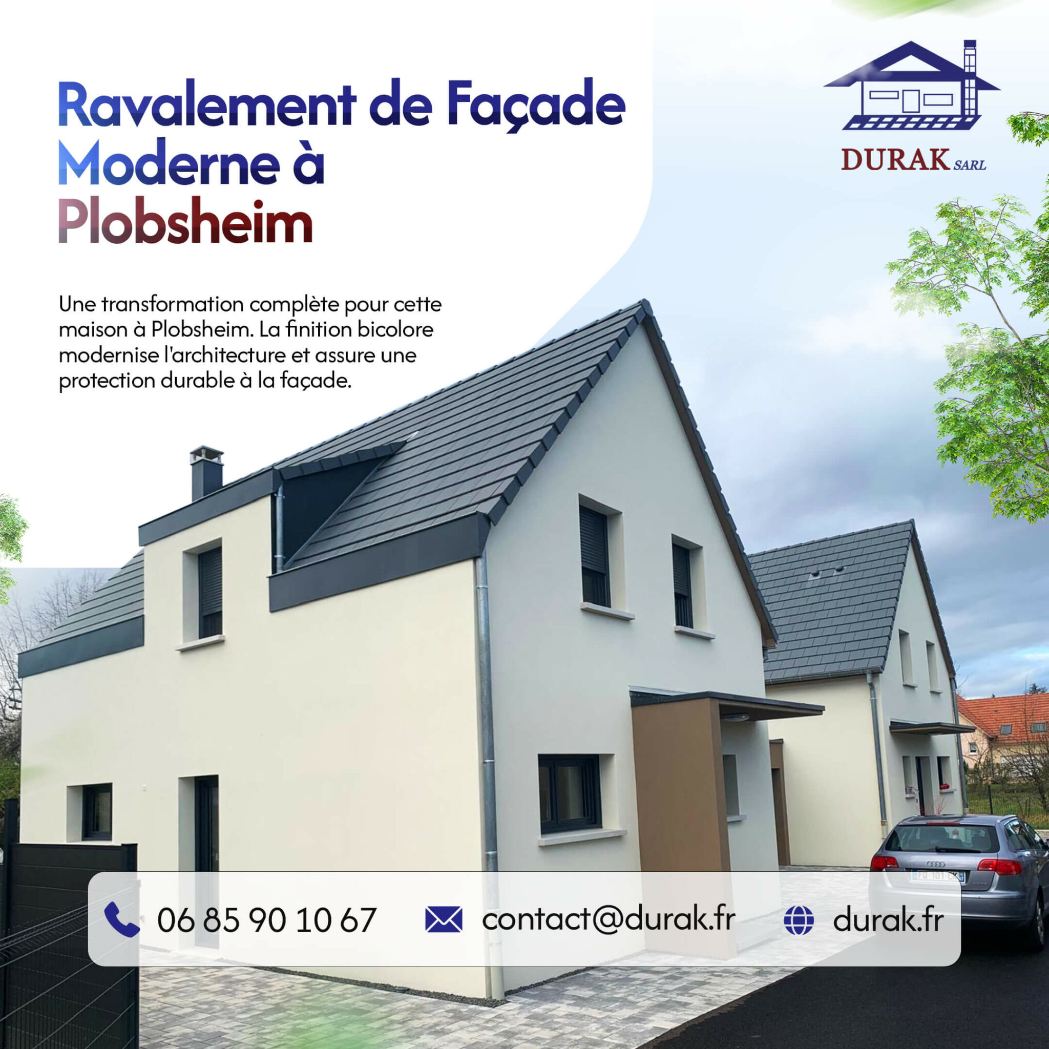 Ravalement de façade moderne sur des maisons de lotissement à Plobsheim, finition bicolore par DURAK SARL, artisan façadier basé à Erstein (près de Strasbourg).