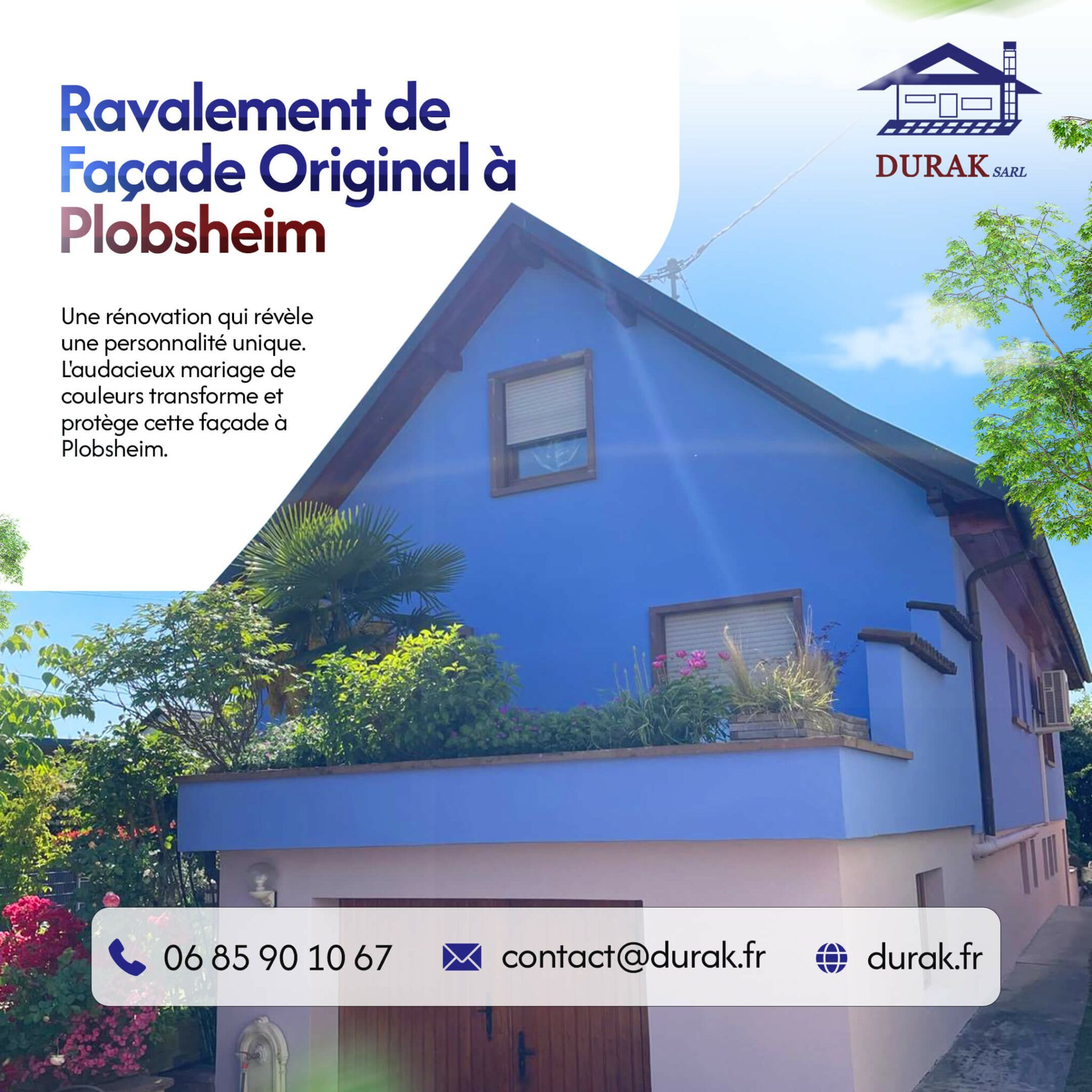 Ravalement de façade original à Plobsheim : maison bicolore bleu et rose personnalisée par DURAK SARL, votre artisan façadier basé à Erstein (près de Strasbourg).