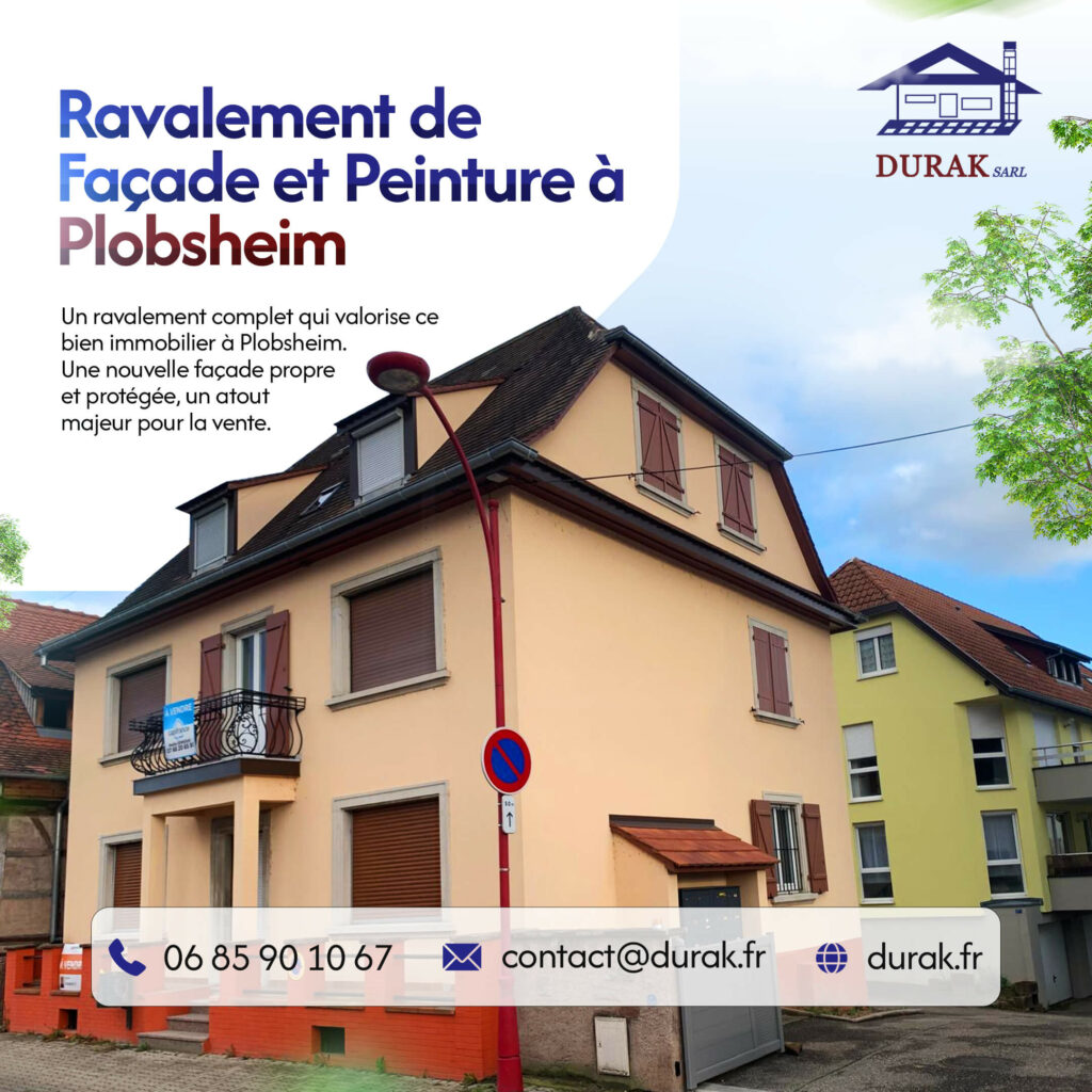 Ravalement de façade et peinture à Plobsheim pour la valorisation d'un bien immobilier, réalisé par DURAK SARL, artisan façadier basé à Erstein (près de Strasbourg).