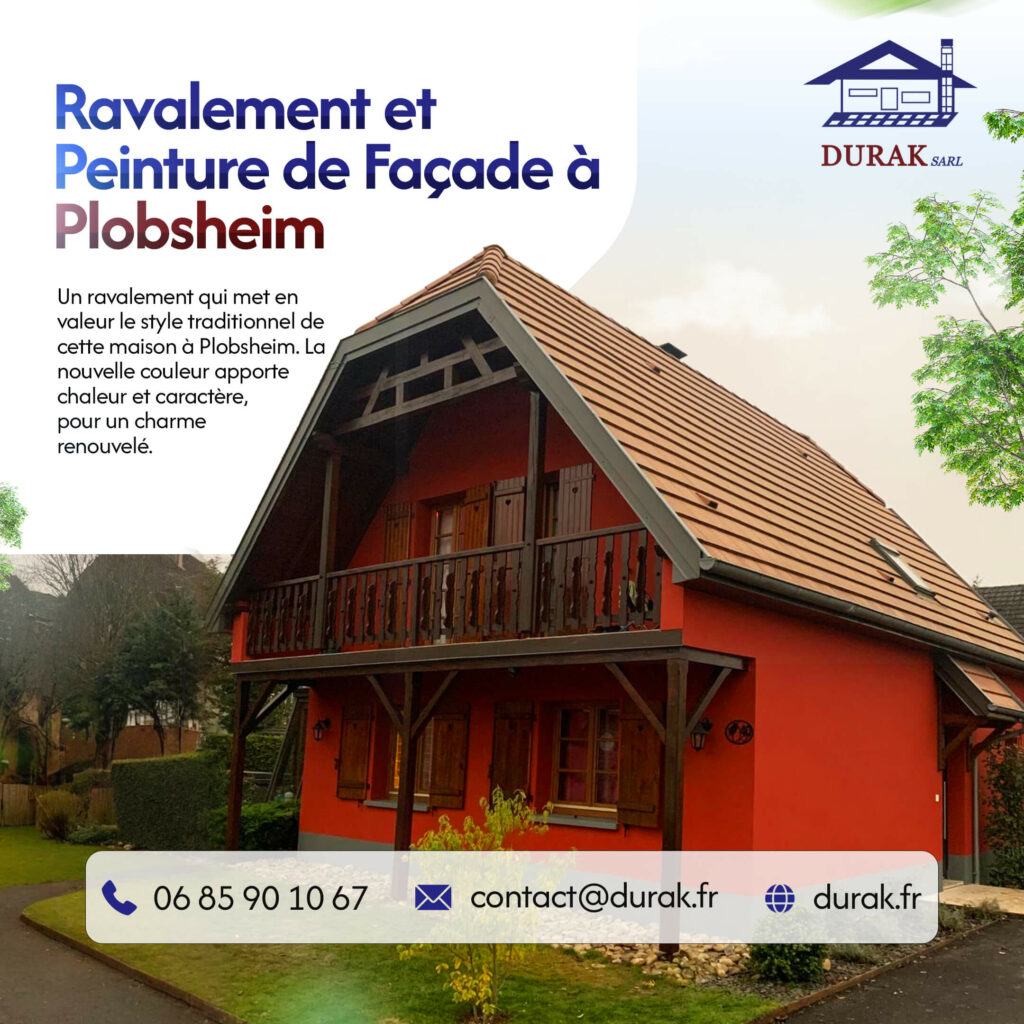 Ravalement et peinture de façade sur une maison de style traditionnel à Plobsheim, finition rouge chaleureuse par DURAK SARL, artisan façadier basé à Erstein (près de Strasbourg).