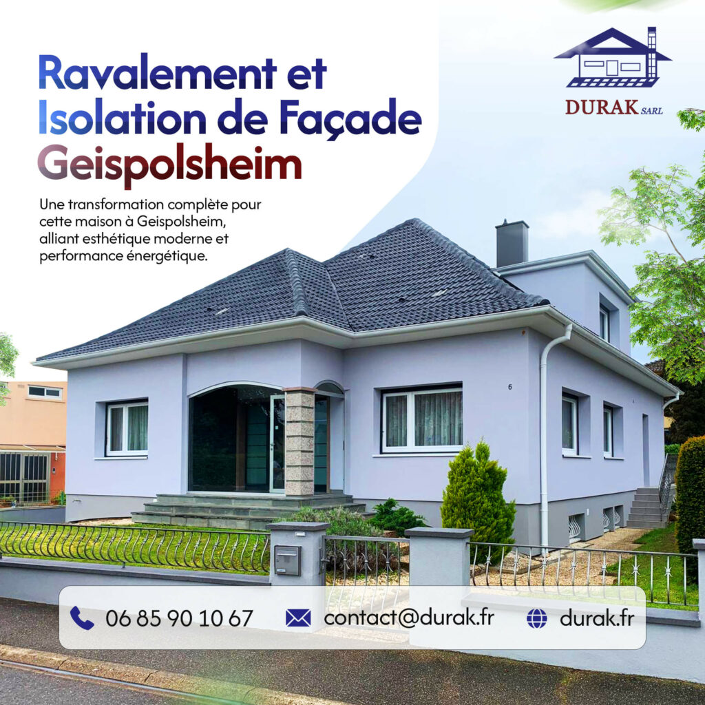 Ravalement de façade et isolation thermique par l'extérieur (ITE) à Geispolsheim par DURAK SARL, artisan certifié RGE basé à Erstein (près de Strasbourg).