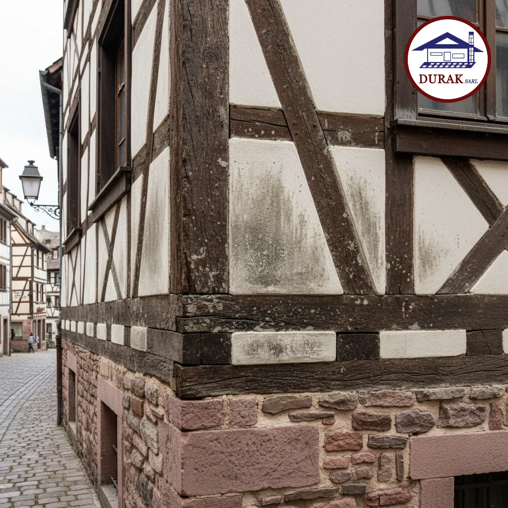 Façade d'une maison à colombages à Strasbourg montrant l'encrassement dû à la pollution et à l'humidité.