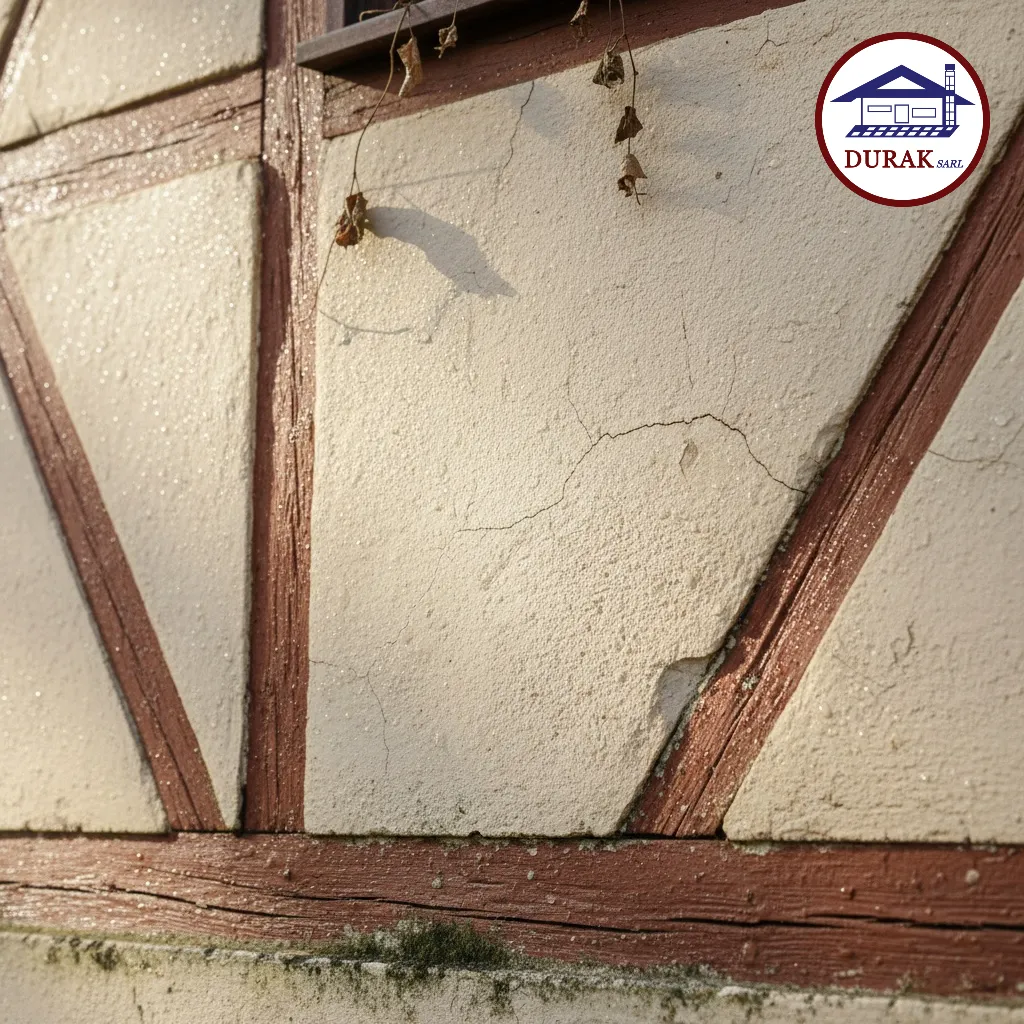 Fine fissure sur un crépi de façade en Alsace, un problème nécessitant l'intervention d'un artisan façadier.