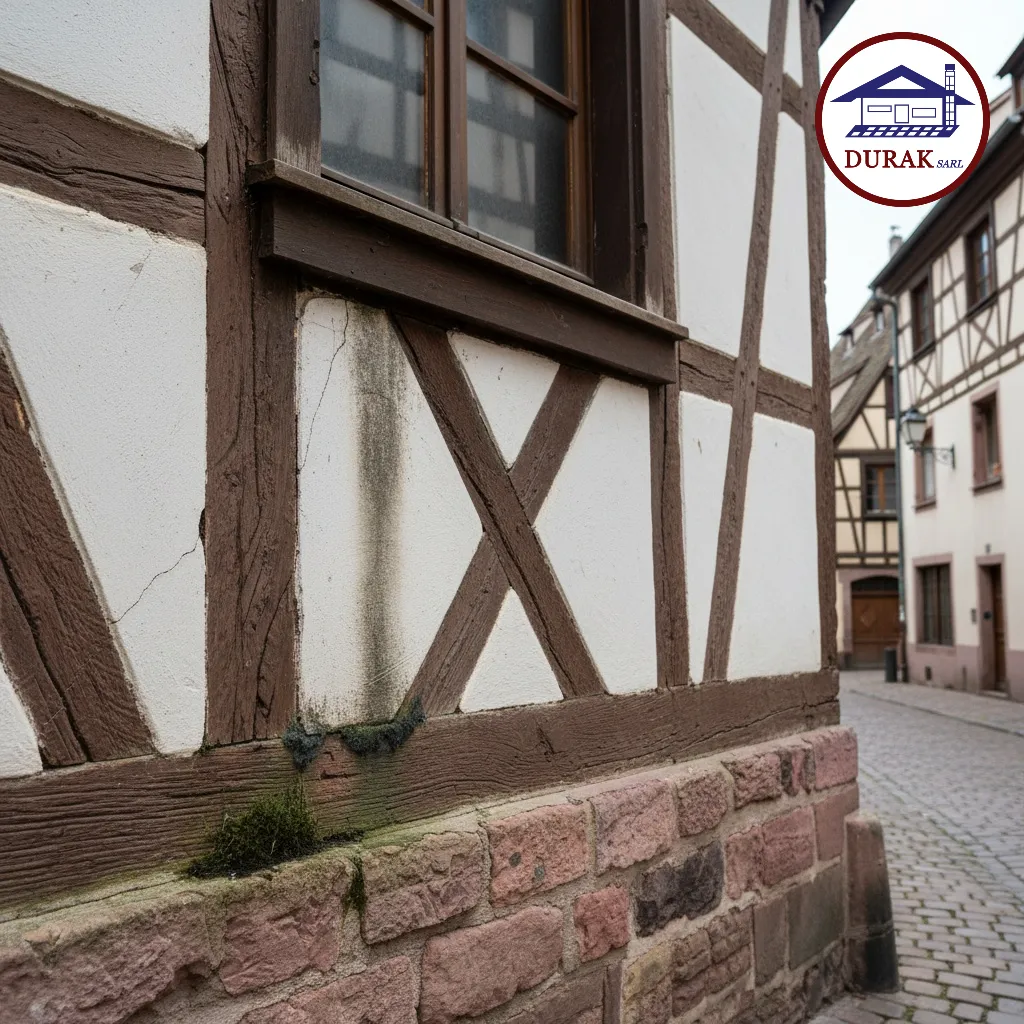 Apparition de mousse sur une façade en bois et crépi, signe d'un problème d'humidité à traiter.