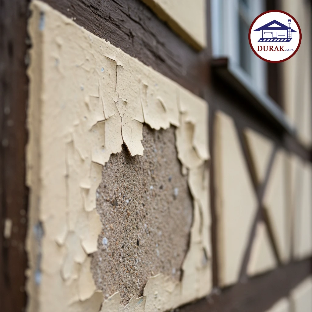 Gros plan sur de la peinture écaillée sur une façade, montrant le besoin d'un ravalement expert par Durak SARL.
