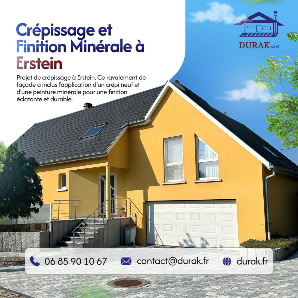 Crépissage et finition minérale d'une façade de maison moderne à Erstein. Chantier de ravalement par DURAK SARL avec application d'un crépi neuf et d'une peinture minérale pour une finition éclatante et durable.