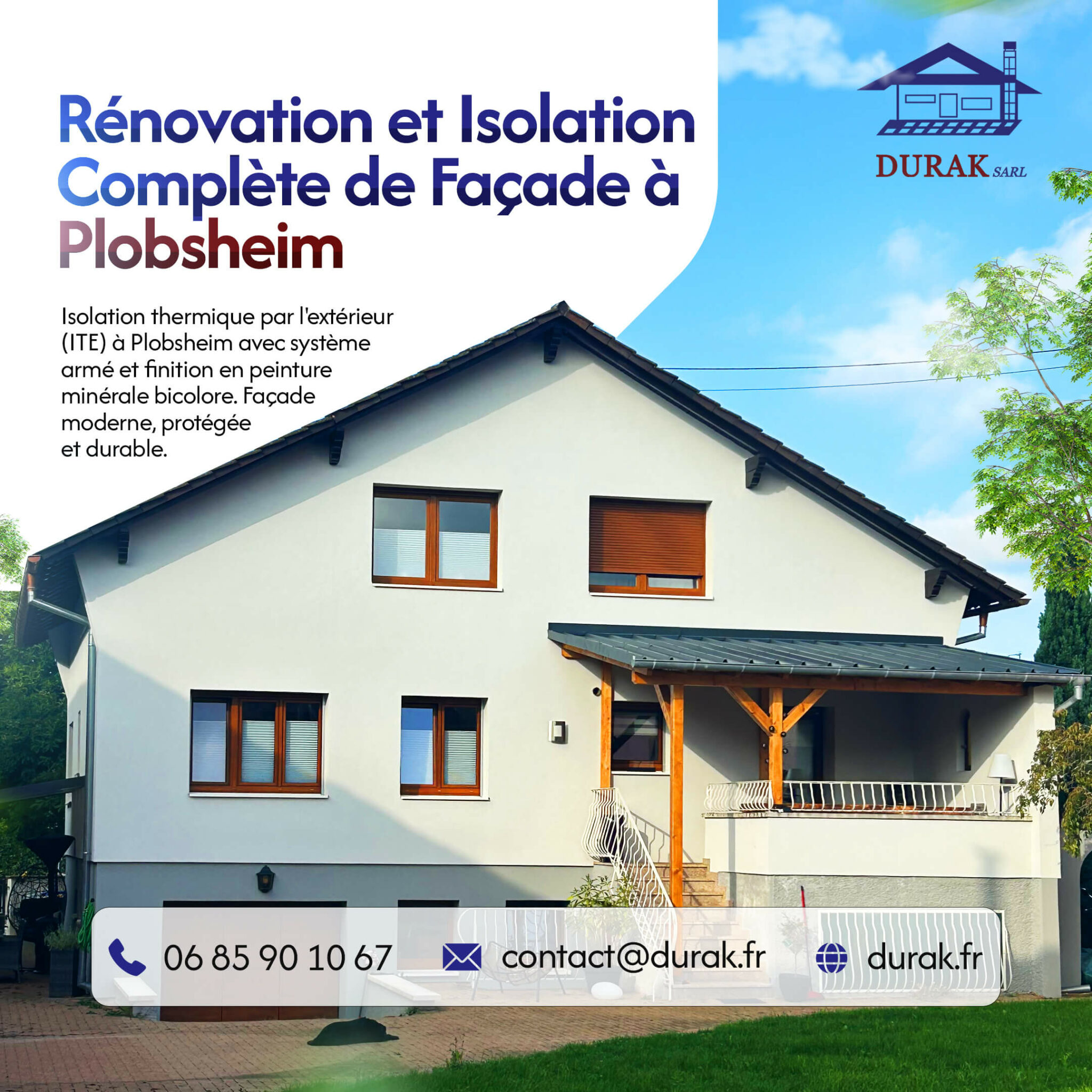 Rénovation complète et isolation thermique par l'extérieur (ITE) d'une façade à Plobsheim. Chantier réalisé par DURAK SARL avec système armé et finition moderne en peinture minérale bicolore.