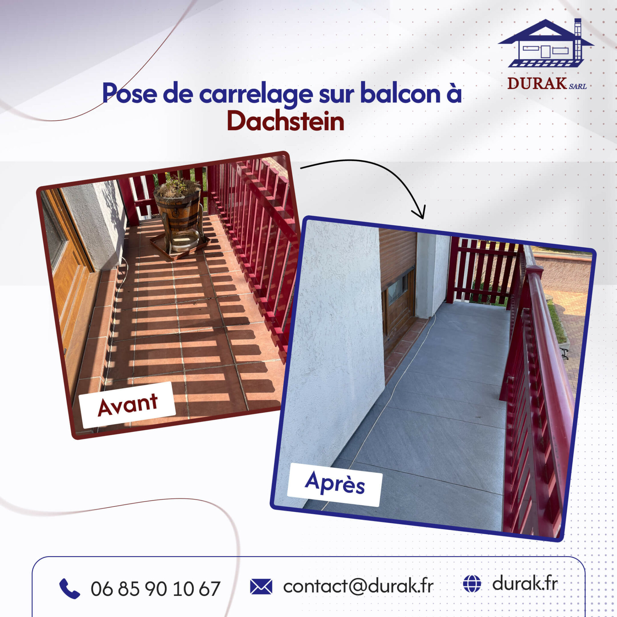 Photo avant/après de la pose de carrelage sur un balcon à Dachstein par DURAK SARL. Rénovation d'un sol extérieur avec dépose de l'ancien carrelage et pose de dalles modernes grand format.