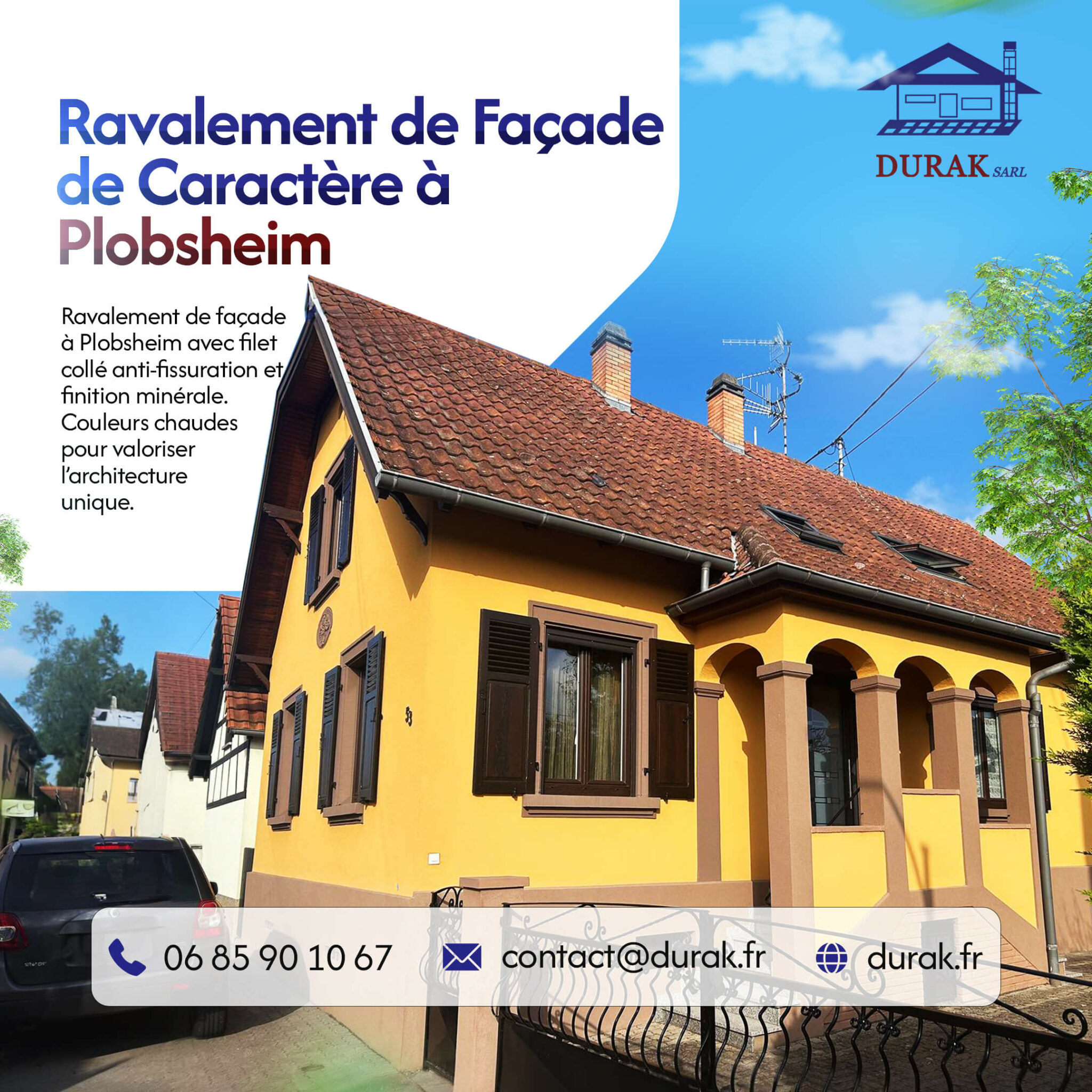 Ravalement d'une maison de caractère à Plobsheim par DURAK SARL, artisan façadier. Mise en valeur de l'architecture unique avec des couleurs chaudes, une finition minérale et un système anti-fissuration.