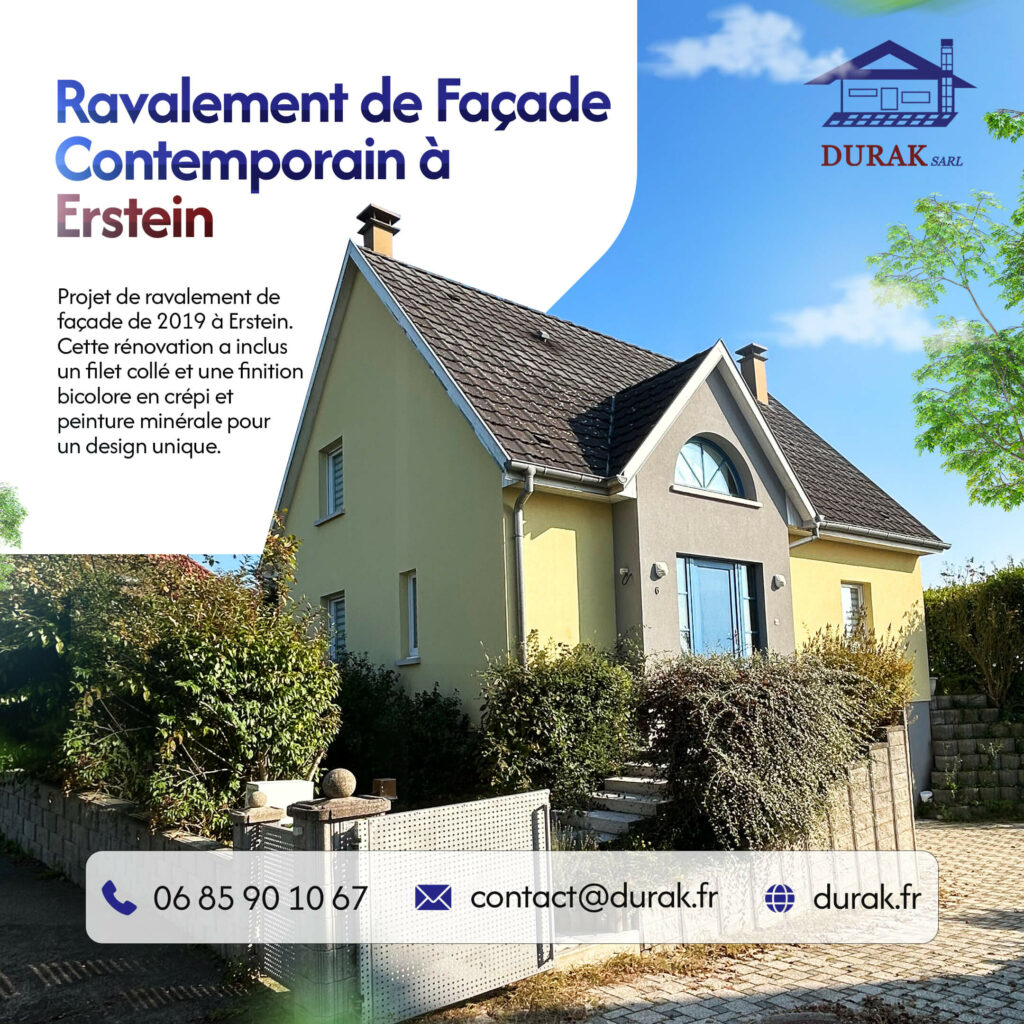Ravalement de façade contemporain réalisé à Erstein en 2019 par DURAK SARL. Cette rénovation au design unique inclut un filet collé anti-fissuration et une finition bicolore en crépi et peinture minérale.