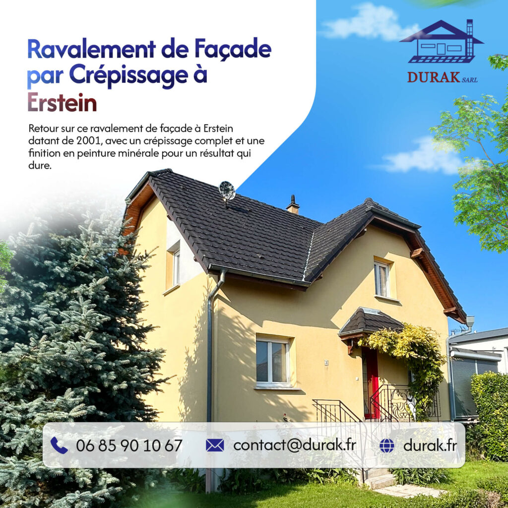 Retour sur un ravalement de façade par crépissage à Erstein, un chantier de DURAK SARL datant de 2001. Le crépissage complet et la finition en peinture minérale illustrent un résultat durable et de qualité.