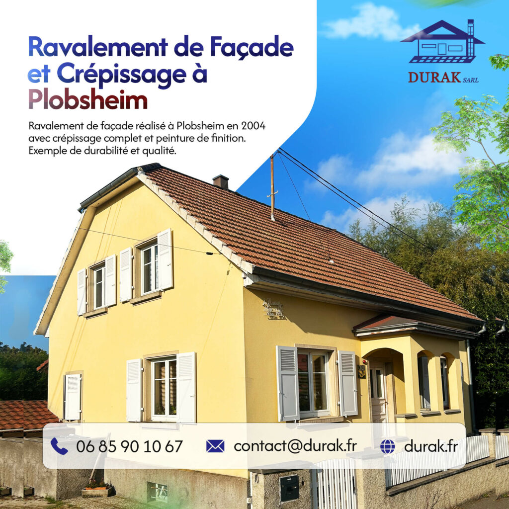 Ravalement de façade et crépissage complet réalisés à Plobsheim en 2004 par DURAK SARL. Un parfait exemple de la durabilité et de la qualité d'une rénovation avec peinture de finition résistante.