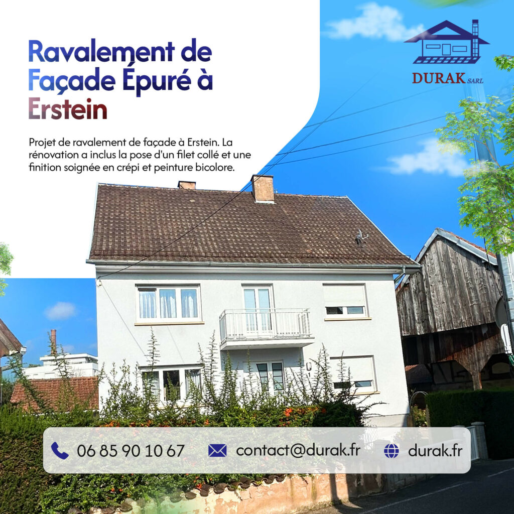 Ravalement de façade au style épuré à Erstein, un projet de DURAK SARL incluant la pose d'un filet collé et une finition soignée en crépi et peinture bicolore pour un rendu minimaliste et durable.