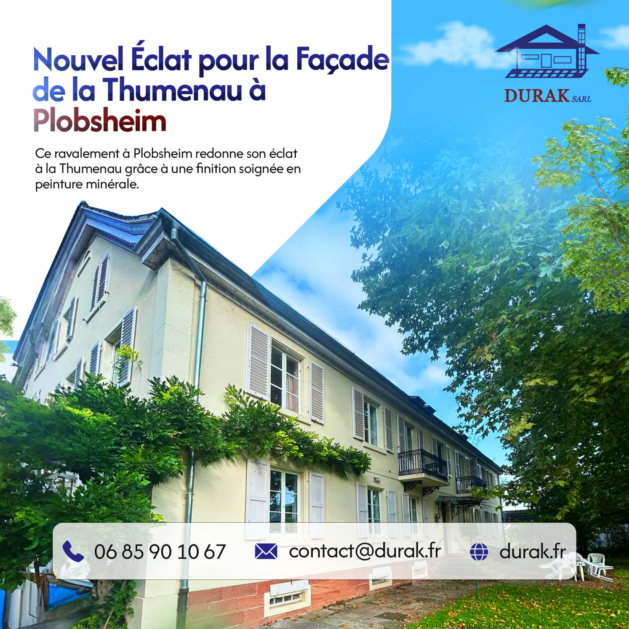 Ravalement de la façade de la Thumenau à Plobsheim redonnant un nouvel éclat au bâtiment grâce à une finition soignée en peinture minérale, un projet de rénovation de prestige par DURAK SARL.