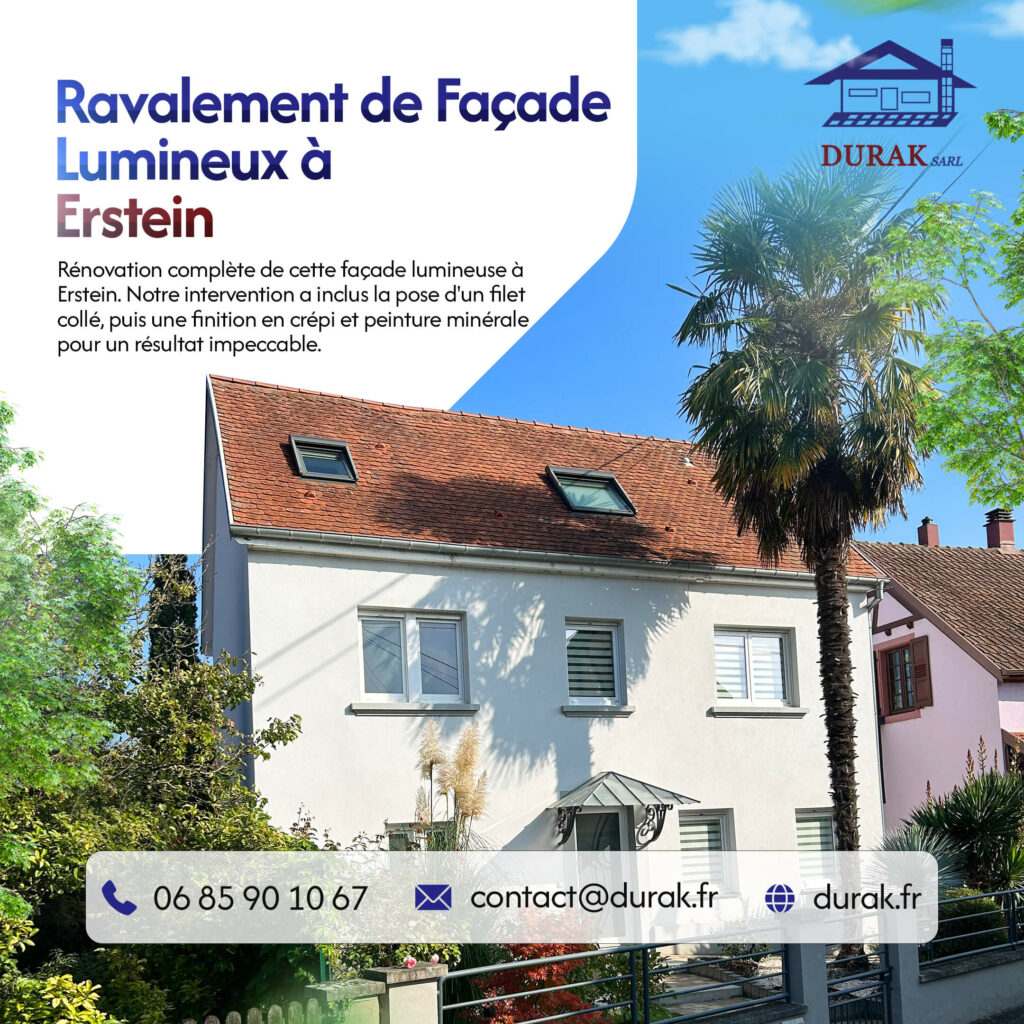Ravalement complet d'une façade lumineuse à Erstein par DURAK SARL. Le projet inclut l'application d'un filet collé et d'une finition en crépi et peinture minérale pour un rendu impeccable.