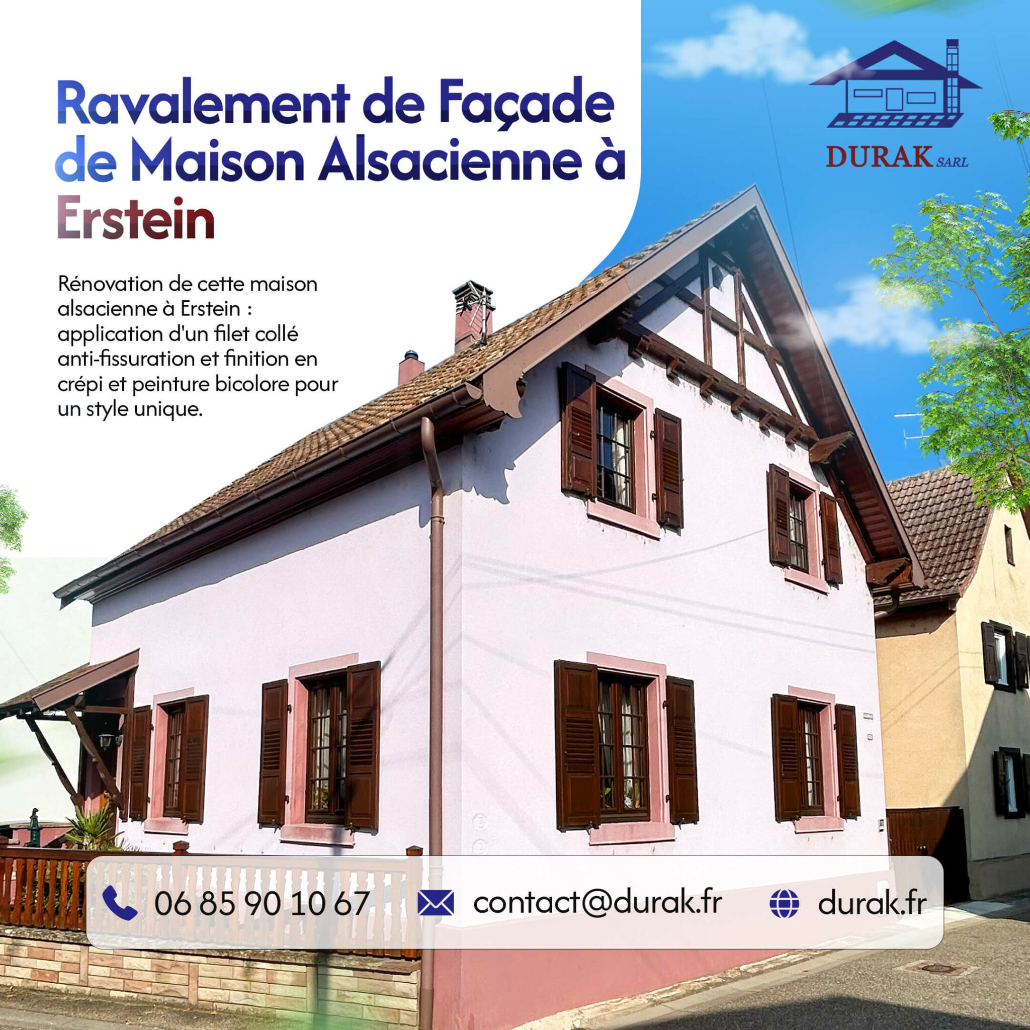 Ravalement de la façade d'une maison alsacienne à Erstein par DURAK SARL. La rénovation intègre un système anti-fissuration avec filet collé et une finition audacieuse en crépi et peinture bicolore pour un style unique.