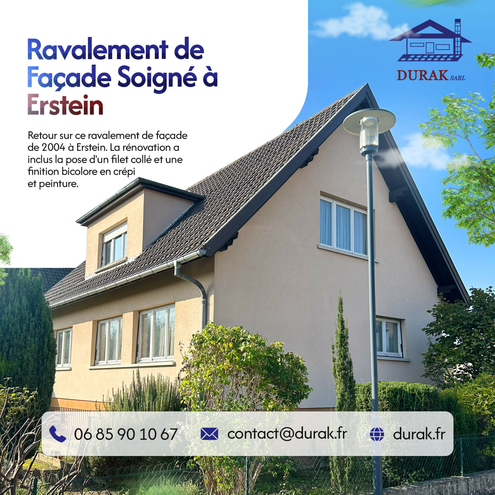 Retour sur un ravalement de façade soigné réalisé en 2004 à Erstein par DURAK SARL, illustrant la durabilité d'une rénovation avec filet collé et finition bicolore en crépi et peinture.