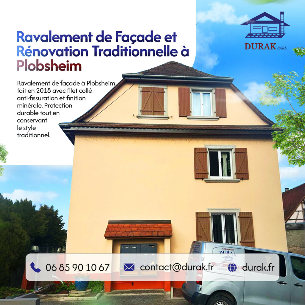 Ravalement et rénovation d'une façade traditionnelle à Plobsheim par DURAK SARL en 2018. Utilisation d'un filet collé anti-fissuration et d'une finition minérale pour une protection durable qui respecte le style.