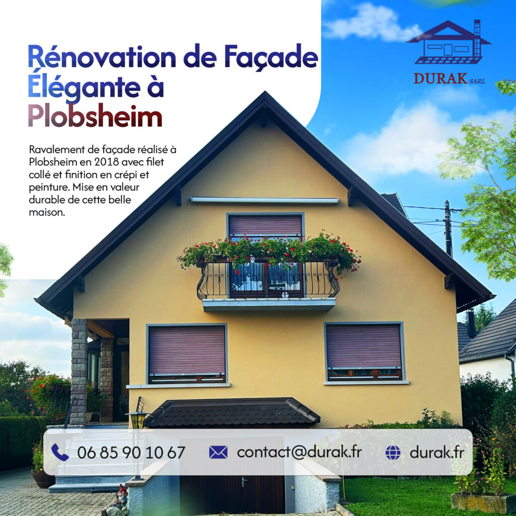 Rénovation de façade élégante d'une maison à Plobsheim, réalisée par DURAK SARL. Le ravalement inclut un filet collé, un crépi de finition et une peinture, assurant une mise en valeur durable de l'habitat.