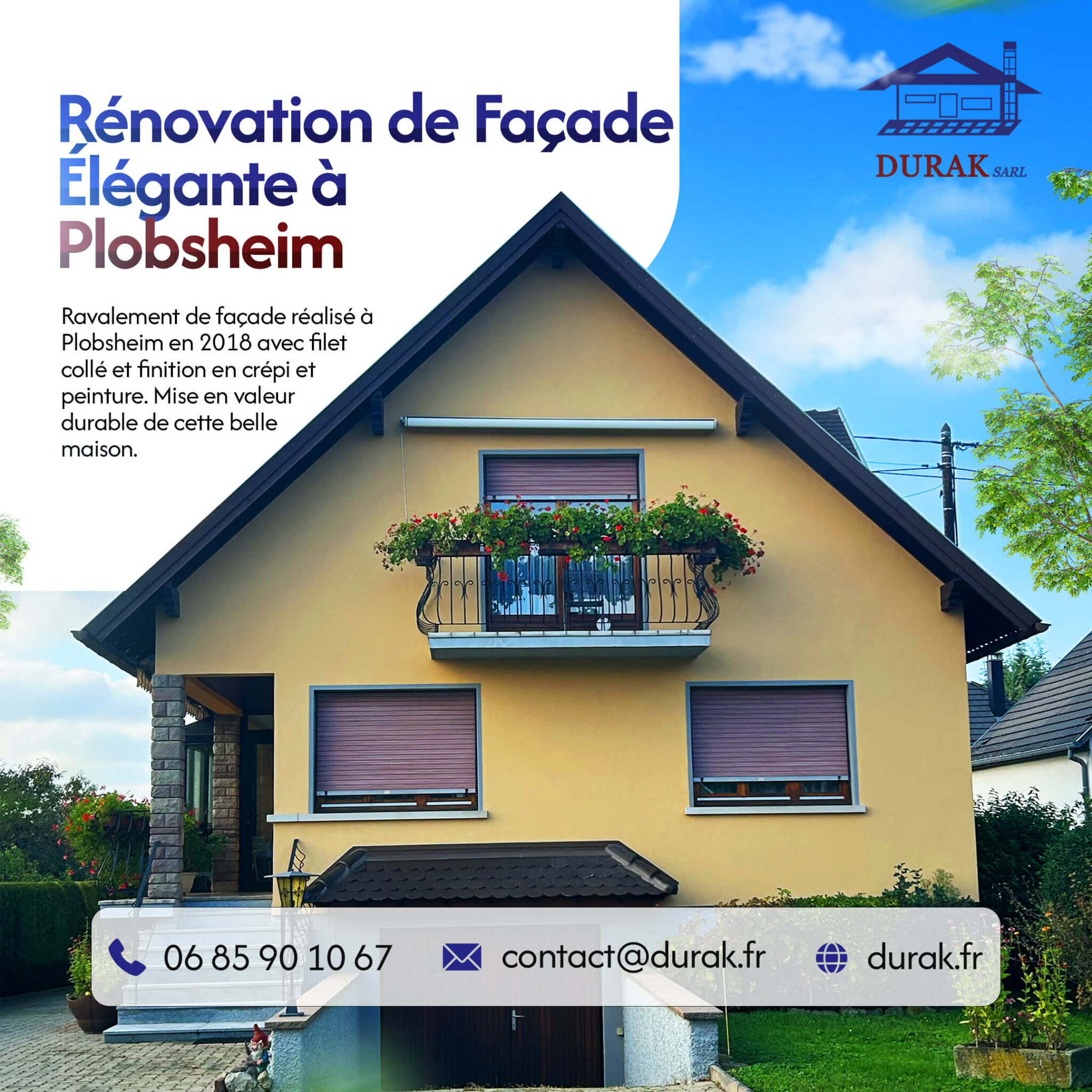 Rénovation de façade élégante d'une maison à Plobsheim, réalisée par DURAK SARL. Le ravalement inclut un filet collé, un crépi de finition et une peinture, assurant une mise en valeur durable de l'habitat.