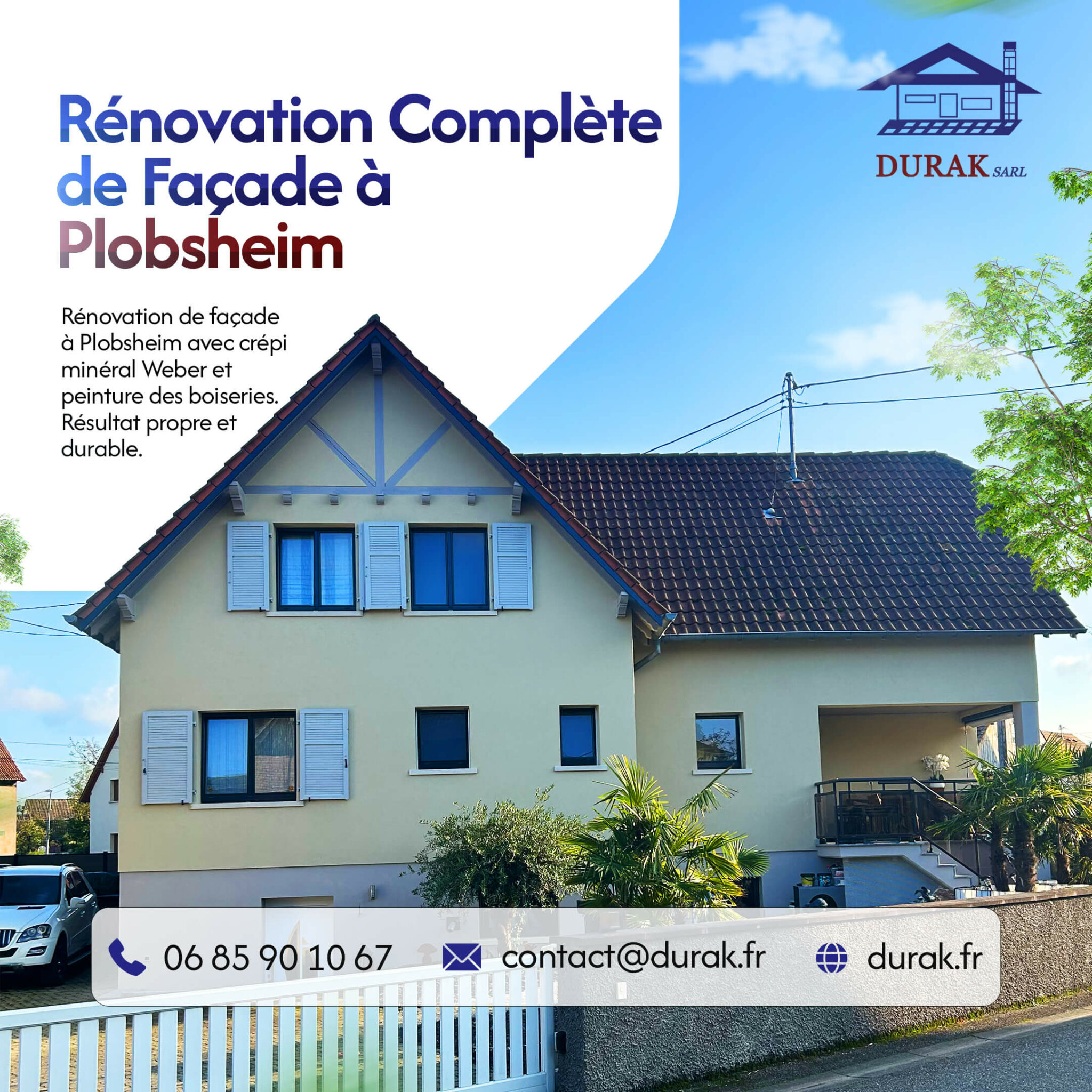 Rénovation complète de façade à Plobsheim par DURAK SARL, avec application d'un crépi minéral Weber de haute qualité et mise en peinture soignée des boiseries pour un résultat durable et esthétique.
