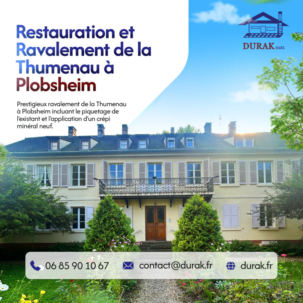Restauration et ravalement de la façade de la prestigieuse Thumenau à Plobsheim, avec piquetage de l'existant et application d'un crépi minéral par DURAK SARL, artisan façadier près de Strasbourg.
